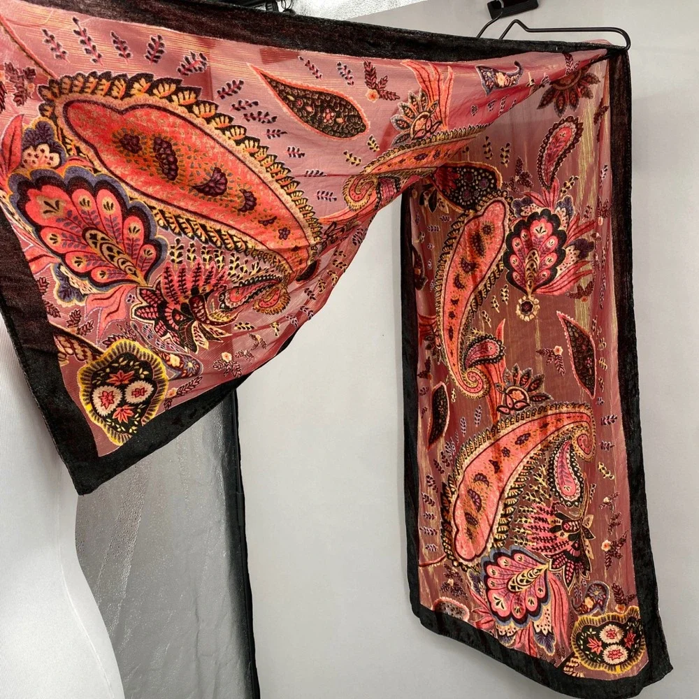Collection Eighteen Paisley Trim Scarf Burnout Velvet Metallic Gold Red Boho